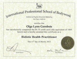 Holistic Health Practitioner certificate, 1005 hours, International Professional School of Bodywork